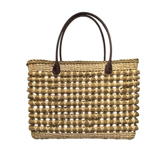 Handbags - Braided Straw Women’s Beige Tote Bag With Dark Brown Handles Open Weave Style